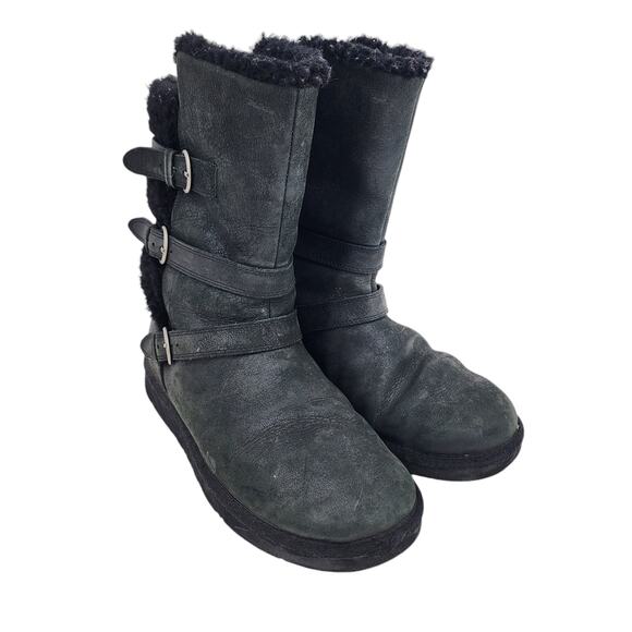 UGG Australia Becket Black Leather Sheepskin Boots Women's Moto Buckle Size 9 - Picture 1 of 7
